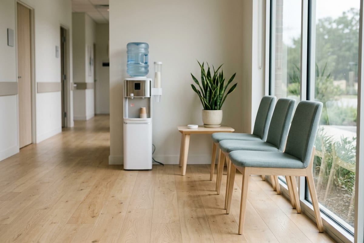 Светлый холл клиники: ряд кресел у окна, столик с растением, кулер с водой, дневной свет